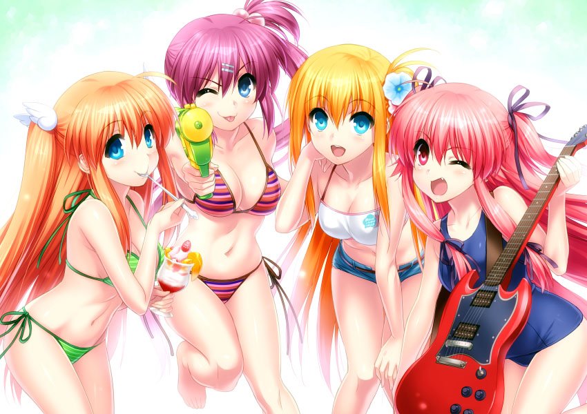 4girls angel_beats! bikini blonde_hair blue_eyes blue_swimsuit charlotte_(anime) company_connection crossover denim denim_shorts electric_guitar fang green_bikini guitar hair_bobbles hair_ornament halter_top halterneck instrument key_(company) little_busters!! long_hair multiple_girls nishimori_yusa one_eye_closed ootori_chihaya orange_hair parfait pink_hair purple_hair red_eyes rewrite saigusa_haruka school_swimsuit shorts side-tie_bikini side_ponytail striped striped_bikini swimsuit tongue tongue_out two_side_up water_gun yui_(angel_beats!) zen