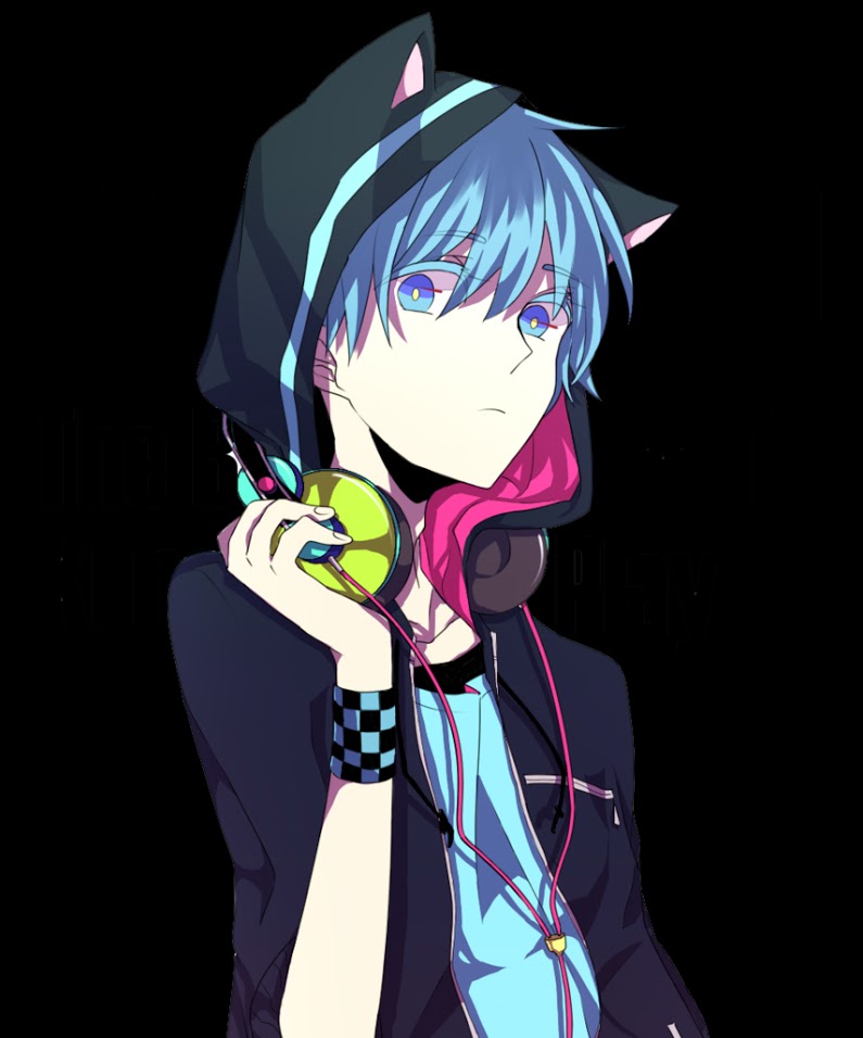 1boy :/ animal_ears blue_eyes blue_hair cat_ears headphones hoodie nekomimi short_hair solo tagme wristband