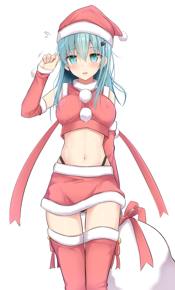 1girl alternate_costume aqua_eyes aqua_hair black_panties blush cowboy_shot crop_top detached_sleeves flying_sweatdrops fur-trimmed_legwear fur-trimmed_sleeves fur_trim gluteal_fold hat holding kantai_collection looking_at_viewer miniskirt panties panty_peek parted_lips red_skirt sack santa_costume santa_hat simple_background skirt sleeveless smile solo suzuya_(kantai_collection) takeyuu thigh-highs thong_panties underwear white_background