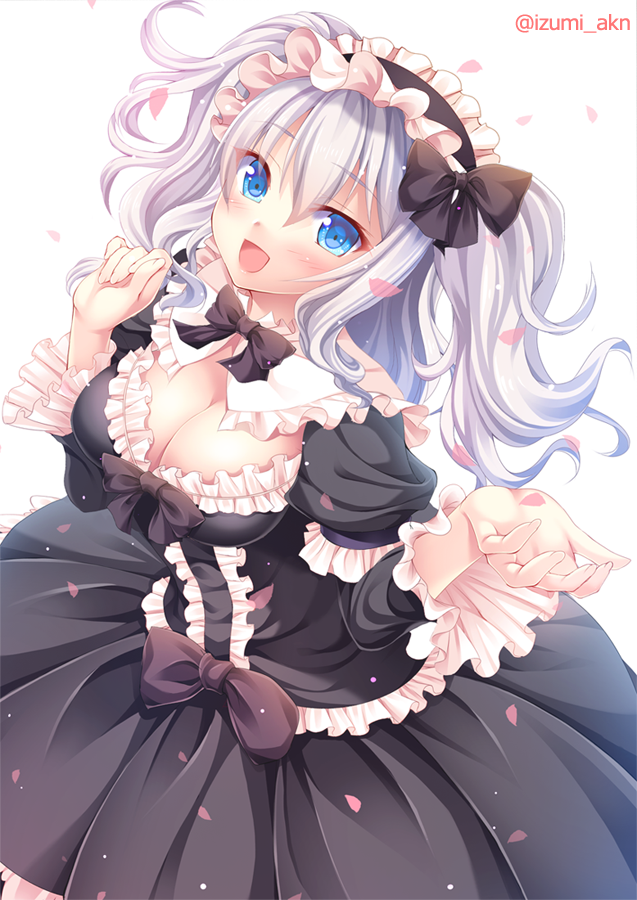 1girl alternate_costume black_dress blush bow bowtie breasts cherry_blossoms cleavage dress frilled_dress frilled_sleeves frills from_above headdress izumi_akane kantai_collection kashima_(kantai_collection) long_hair looking_at_viewer medium_breasts open_mouth silver_hair simple_background solo twintails twitter_username white_background