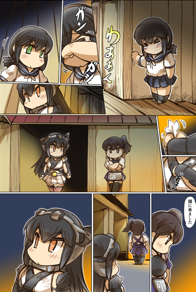 3girls against_wall arm_at_side arm_guards black_hair black_legwear blue_hair blush brown_eyes brown_hair building chibi clenched_hand closed_eyes collar comic crossed_arms crying elbow_gloves from_behind fubuki_(kantai_collection) full_body gloves green_eyes headgear hisahiko japanese_clothes kaga_(kantai_collection) kantai_collection kimono leaning_on_object long_hair low_ponytail motion_lines multiple_girls muneate nagato_(kantai_collection) neckerchief orange_eyes pleated_skirt profile red_legwear school_uniform serafuku shikigami short_hair side_ponytail skirt speech_bubble talking tears thigh-highs torn_clothes translation_request tsurime walking walking_away wiping_face wiping_tears wooden_floor wooden_wall zettai_ryouiki
