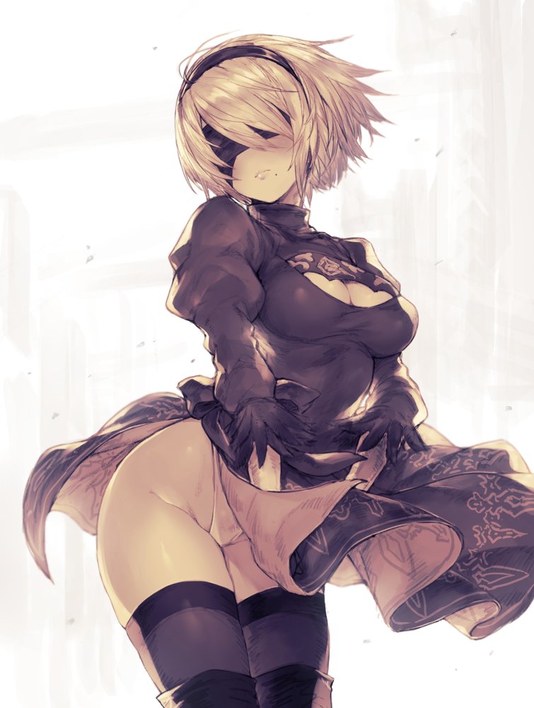 1girl blindfold boots cleavage_cutout gloves hairband inayama leotard_under_clothes mole mole_under_mouth nier_(series) nier_automata silver_hair skirt solo thigh-highs thigh_boots yorha_unit_no._2_type_b