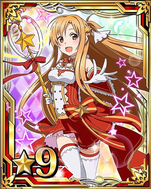 1girl :d argyle argyle_background asuna_(sao) brown_eyes brown_hair card_(medium) gloves holding long_hair looking_at_viewer magical_girl number open_mouth pleated_skirt red_skirt ribbon skirt smile solo star striped striped_ribbon sword_art_online thigh-highs white_feathers white_gloves white_legwear wrist_cuffs