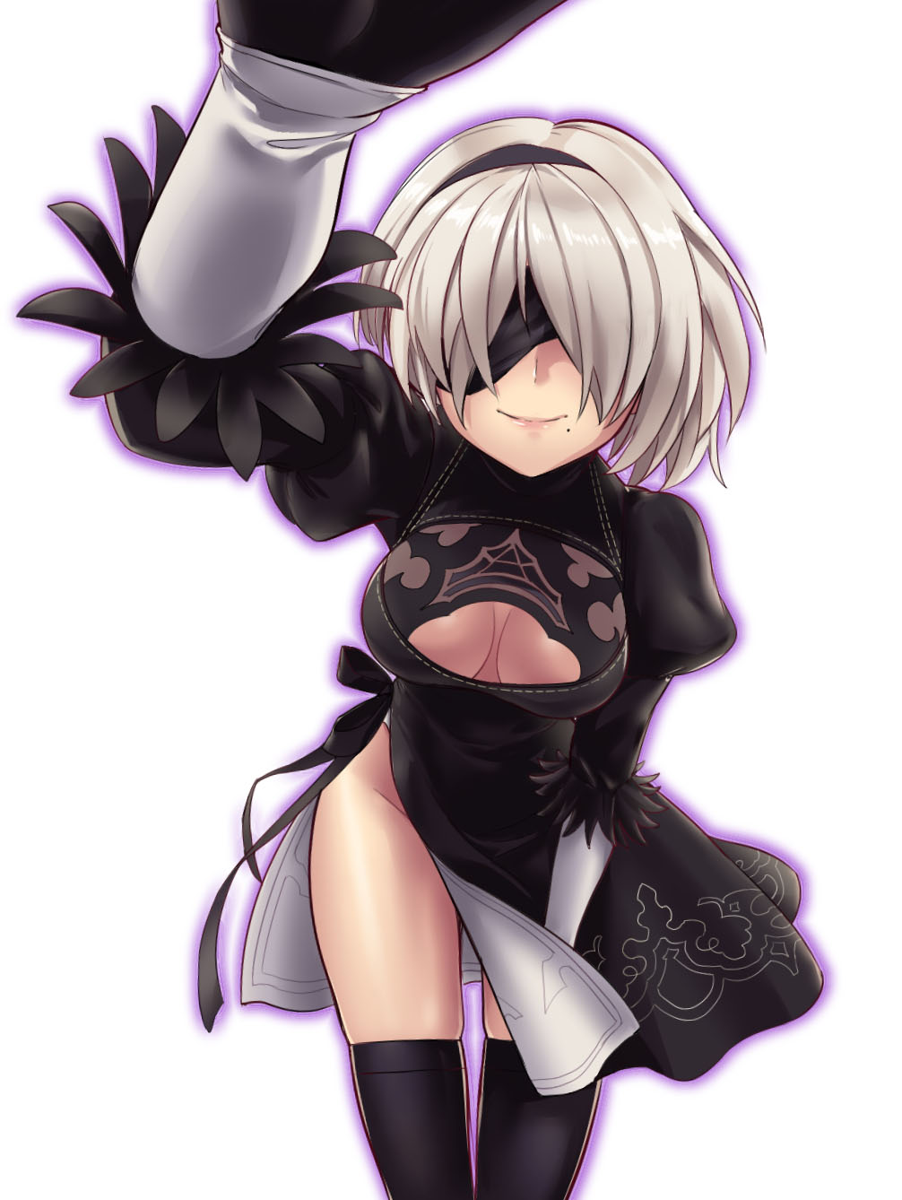 1girl black_dress black_gloves black_legwear blindfold breasts cleavage cleavage_cutout dress gloves hairband highres leaning_forward mole mole_under_mouth nier_(series) nier_automata panties puffy_short_sleeves puffy_sleeves short_hair short_sleeves silver_hair smile solo thigh-highs underwear wanao white_panties yorha_unit_no._2_type_b