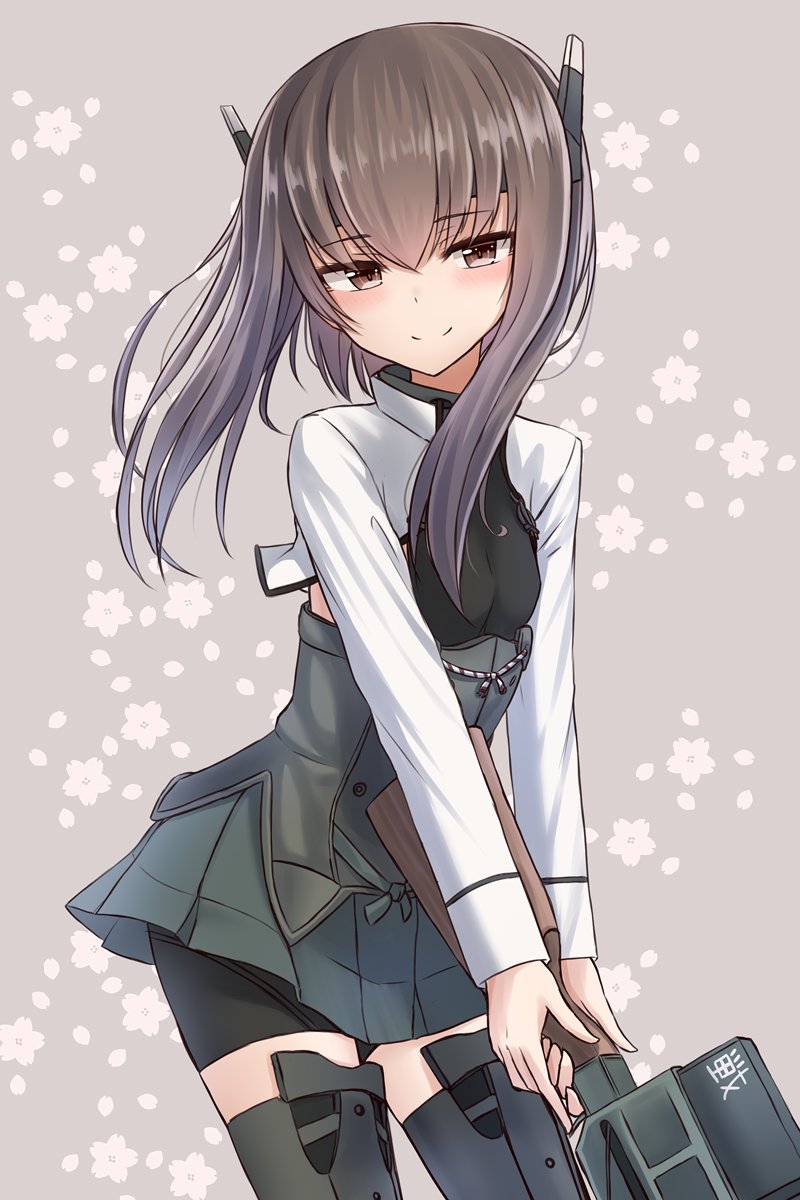 1girl bike_shorts blush boots bow_(weapon) brown_eyes brown_hair cowboy_shot cropped_jacket crossbow floral_background grey_background highres kantai_collection long_sleeves looking_at_viewer pleated_skirt rabochicken short_hair_with_long_locks sidelocks skirt smile solo taihou_(kantai_collection) thigh-highs thigh_boots weapon