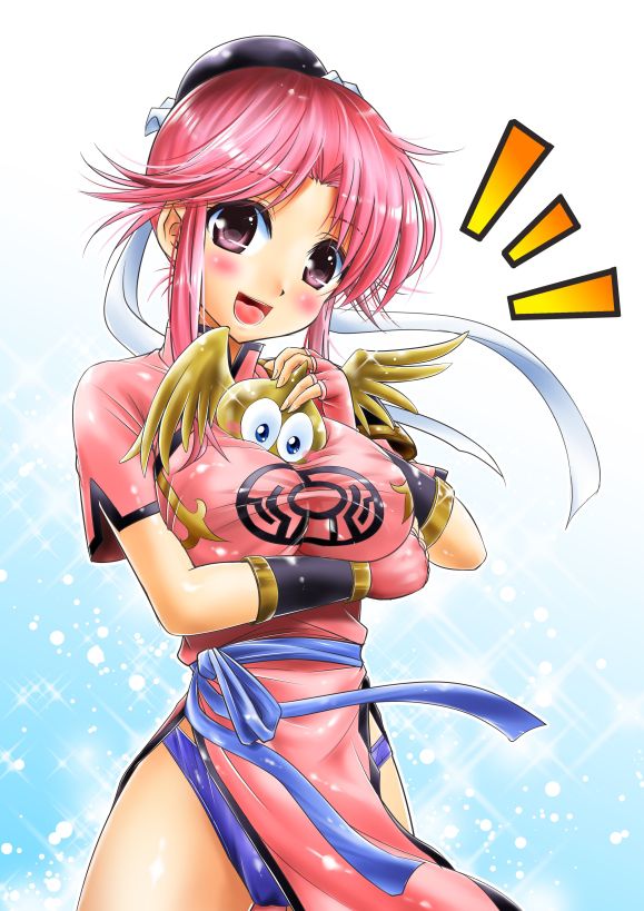 1girl between_breasts blush breasts brown_eyes bun_cover china_dress chinese_clothes dragon_quest dragon_quest_dai_no_daibouken dress fingerless_gloves gloves large_breasts looking_at_viewer maam open_mouth pink_hair short_hair slime_(dragon_quest) solo tsubakiyama_parry wings