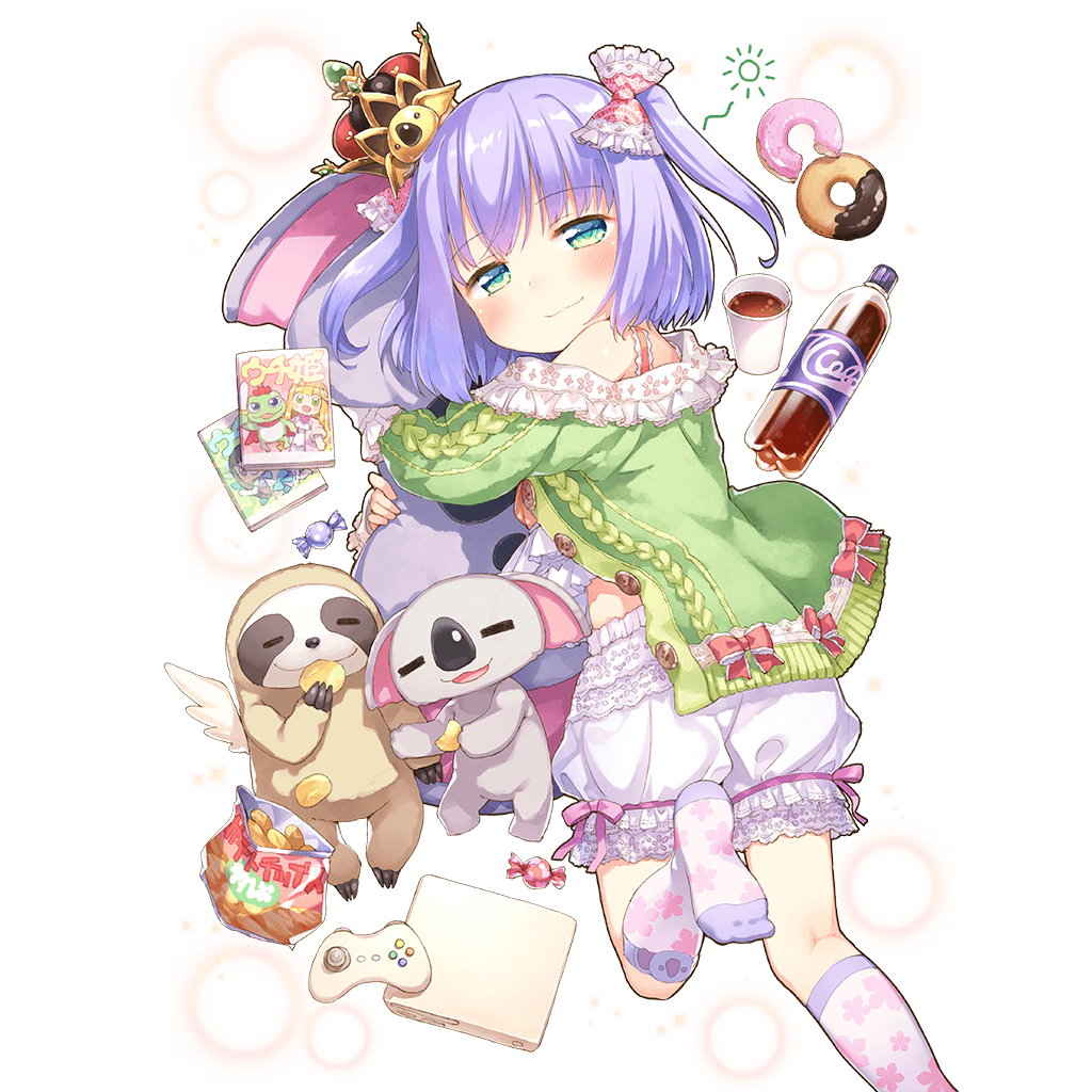 1girl animal aqua_eyes bloomers character_request controller crown doughnut eating food game_console game_controller koala lavender_hair looking_at_viewer no_shoes object_hug official_art pillow rest_and_vacation short_hair sloth_(animal) smile soda_bottle transparent_background two_side_up uchi_no_hime-sama_ga_ichiban_kawaii underwear