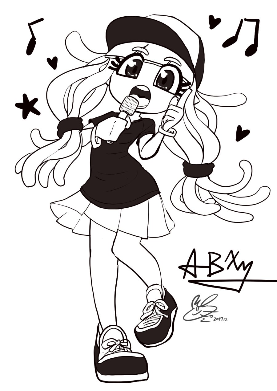 artist_name baseball_cap commentary_request glenna_nalira hairband hat highres microphone miniskirt monochrome open_mouth shirt shoes skirt sneakers solo splatoon t-shirt tentacle_hair usa_(dai9c_carnival)