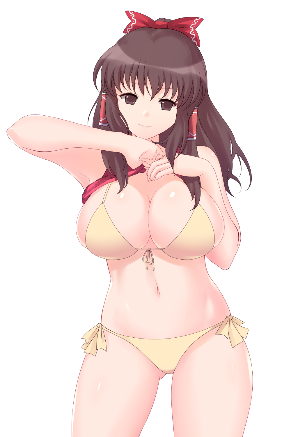 1girl alternate_costume armpits bangs bare_arms bare_shoulders bikini black_eyes black_hair bow breasts cleavage closed_mouth cowboy_shot front-tie_bikini front-tie_top hair_bow hair_tubes hakurei_reimu highres long_hair looking_at_viewer navel ponytail side-tie_bikini sidelocks smile solo stomach swimsuit touhou undressing white_background x&amp;x&amp;x yellow_bikini