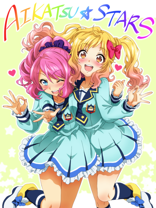 2girls :d ;d aikatsu! aikatsu_stars! blonde_hair blue_eyes blush bow brown_eyes copyright_name drill_hair frills gradient_hair hair_bow hairband heart multicolored_hair multiple_girls nijino_yume nose_blush one_eye_closed open_mouth pink_hair sakuraba_rola school_uniform smile twintails yakiniku_(konoha3561) yuri