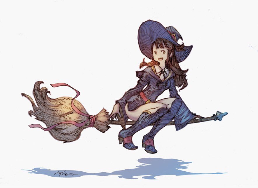 1girl akko_kagari blue_boots blue_robe blue_shirt blue_skirt boots broom broom_riding brown_eyes brown_hair collared_shirt hat little_witch_academia long_hair long_sleeves neck_ribbon red_belt red_ribbon ribbon shirt signature simple_background skirt solo wide_sleeves witch_hat yoshida_akihiko