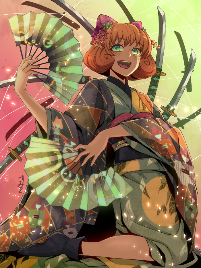 1girl bow folding_fan freckles green_eyes hair_decoration japanese_clothes kimono kneeling penny_polendina redhead rwby sumiwow sword wire