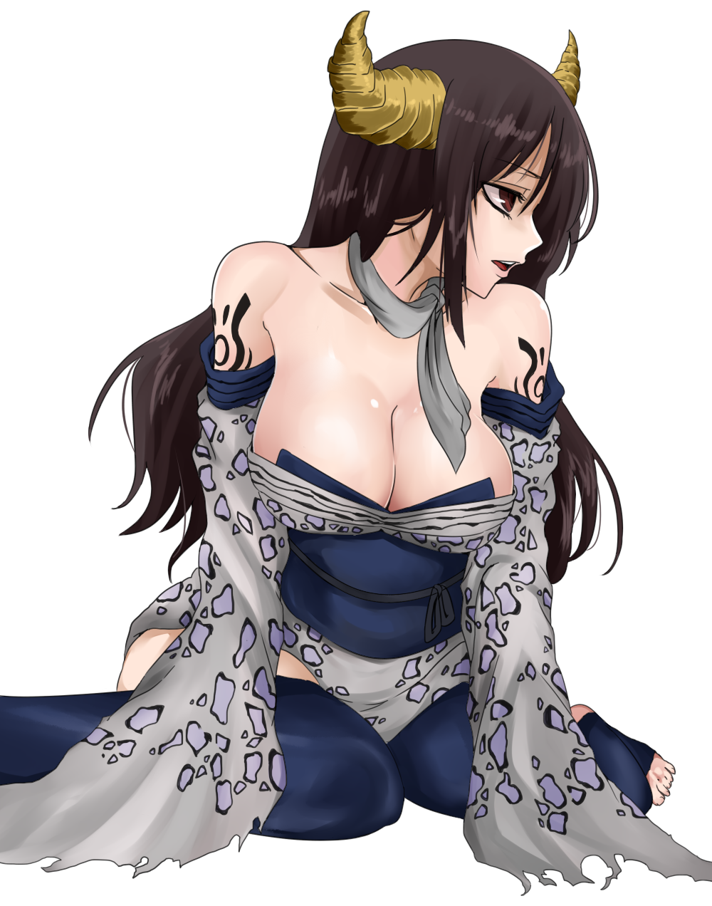 1girl black_hair cleavage demon demon_girl e fairy_tail horns kimono kneeling large_breasts long_hair obi red_eyes seilah_(fairy_tail) tattoo white_background