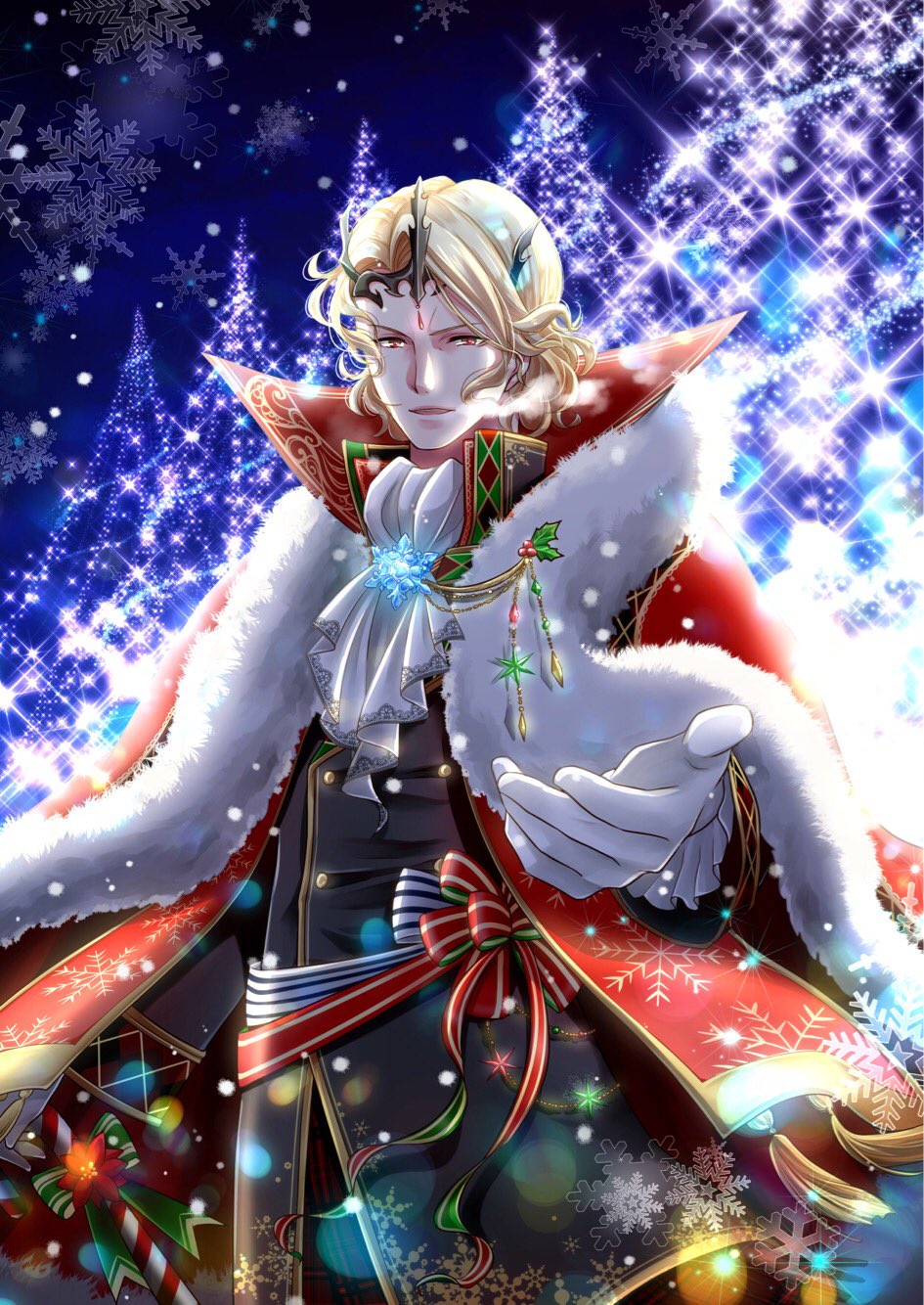 1boy armor blonde_hair european_clothes fire_emblem fire_emblem_if fur_coat highres jewelry kaboplus_ko looking_at_viewer male_focus marx_(fire_emblem_if) offering_hand smile snow snowflakes solo_focus tiara