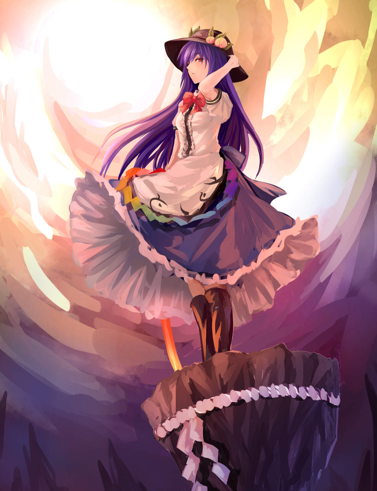 1girl adjusting_clothes adjusting_hat bangs black_hat blue_hair blue_skirt boots bow bowtie brown_boots food frills from_side fruit full_body hat hekiyama_yurika highres hinanawi_tenshi keystone leaf long_hair long_skirt looking_at_viewer looking_to_the_side peach petticoat planted_sword planted_weapon puffy_short_sleeves puffy_sleeves rainbow_order red_bow red_bowtie red_eyes shirt short_sleeves skirt solo standing sword sword_of_hisou touhou weapon white_shirt wind