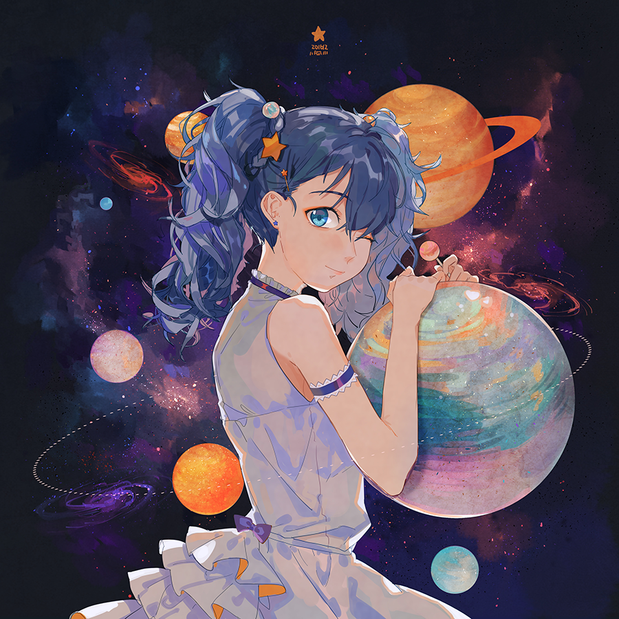 1girl arm_garter blue_eyes blue_hair candy dress earrings fen_renlei food from_side hair_ornament hairclip hatsune_miku jewelry lollipop looking_at_viewer matching_hair/eyes one_eye_closed planet solo star star_hair_ornament twintails vocaloid