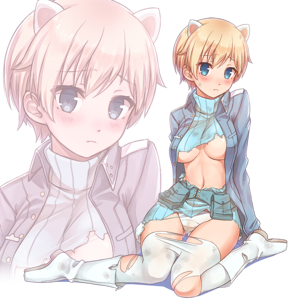 1girl blonde_hair blue_eyes blush boots brave_witches breasts commentary dirty dirty_clothes dirty_face ermine_ears frown fur_trim jacket konnyaku_(kk-monmon) military military_uniform navel nikka_edvardine_katajainen open_clothes open_jacket panties pantyhose pouch ribbed_sweater shadow short_hair sitting solo sweater torn_boots torn_clothes torn_pantyhose torn_sweater under_boob underwear uniform wariza white_background white_boots white_legwear white_panties world_witches_series zoom_layer