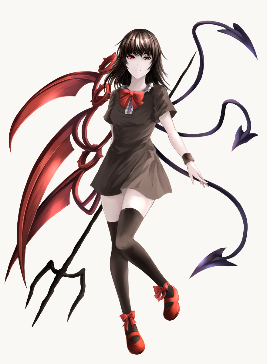 1girl asymmetrical_wings bangs black_dress black_hair black_legwear bow bowtie closed_mouth dress full_body hekiyama_yurika highres holding holding_weapon houjuu_nue light_smile long_hair looking_at_viewer mary_janes pale_skin polearm red_bow red_bowtie red_eyes red_shoes shoes short_dress short_sleeves solo standing thigh-highs touhou trident weapon wings wristband