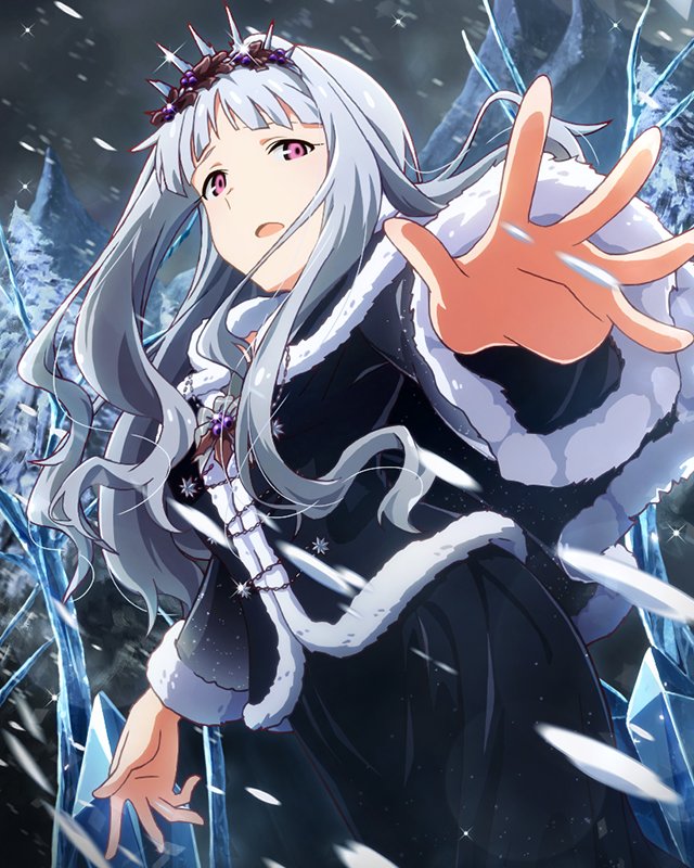 1girl artist_request brooch fur_trim hairband ice idolmaster idolmaster_million_live! jewelry long_hair mountain official_art open_mouth outstretched_hand reaching_out red_eyes shijou_takane sidelocks silver_hair snow solo spikes tree wavy_hair winter winter_clothes