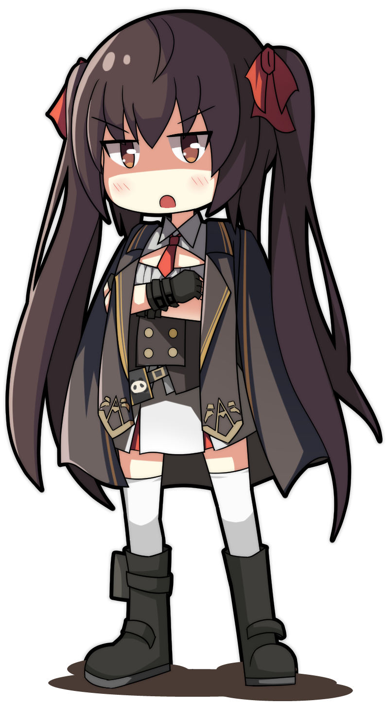 1girl ac130 bangs blush boots brown_eyes brown_hair crossed_arms eyebrows_visible_through_hair girls_frontline gloves hair_ribbon highres jacket_on_shoulders necktie qbz-97_(girls_frontline) red_ribbon ribbon shaded_face skirt solo thigh-highs twintwails
