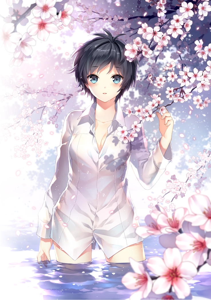 1girl black_hair blue_eyes blush cherry_blossoms eyebrows_visible_through_hair flower in_water kono_koi_to_sono_mirai looking_at_viewer nardack oda_mirai official_art open_mouth petals petals_on_water short_hair solo water