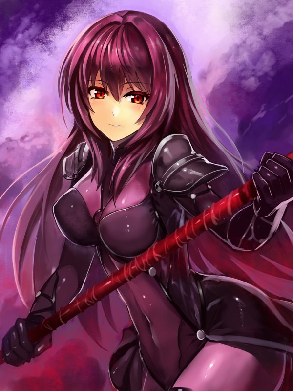 1girl bodysuit breasts covered_navel edobox fate/grand_order fate_(series) gae_bolg long_hair polearm purple_bodysuit purple_hair red_eyes scathach_(fate/grand_order) solo weapon