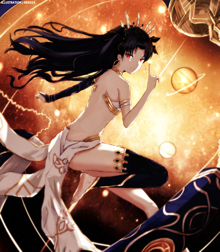 1girl back barefoot black_hair dyolf fate/grand_order fate_(series) ishtar_(fate/grand_order) long_hair looking_at_viewer planet red_eyes single_thighhigh solo thigh-highs thighs tohsaka_rin twintails