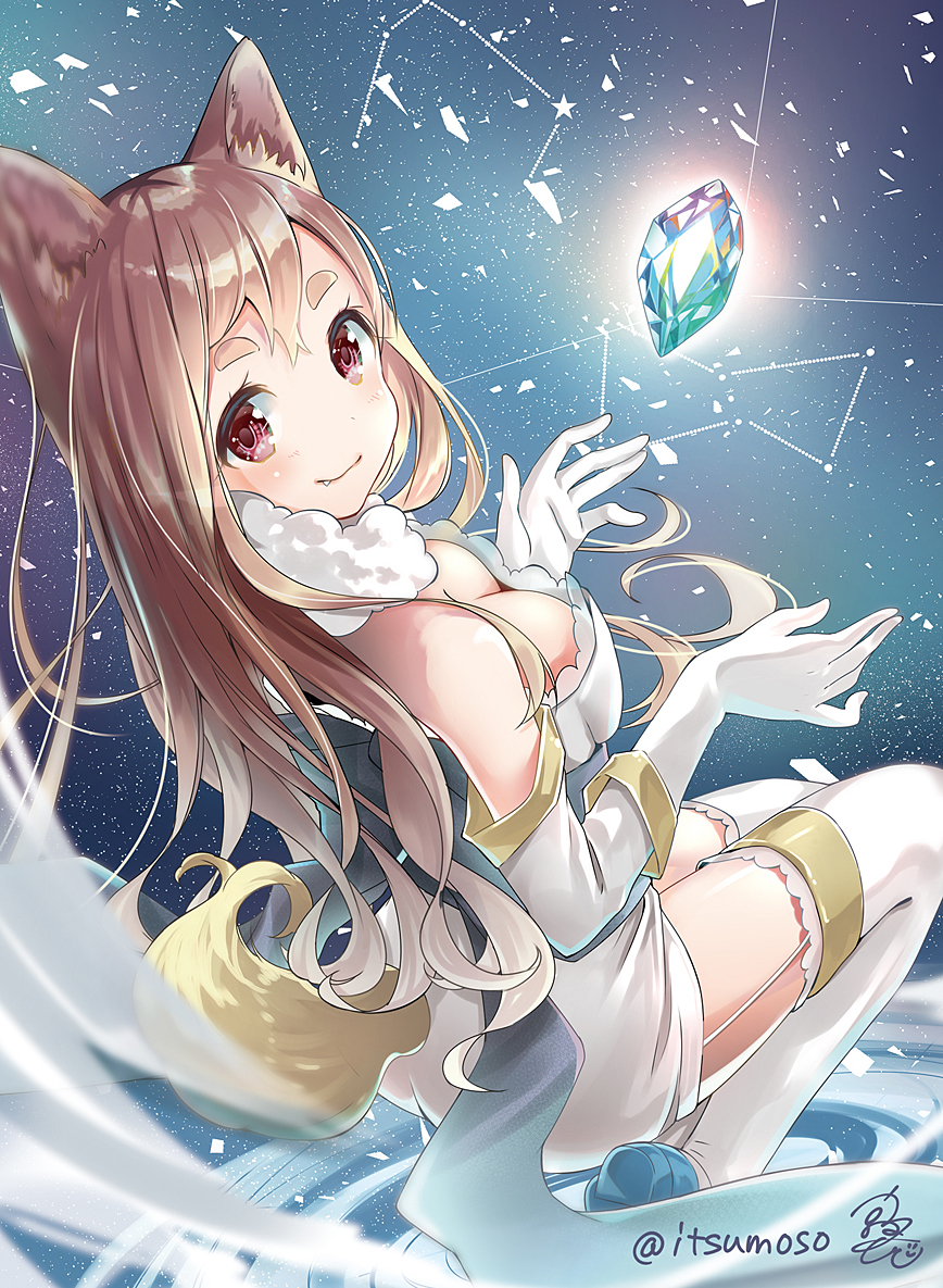 1girl animal_ears bangs bare_shoulders blurry blush breasts cleavage closed_mouth constellation crystal depth_of_field detached_sleeves dog_ears dog_girl dog_tail fang_out fur_collar garter_straps gloves large_breasts long_hair looking_at_viewer looking_back original rougetsu signature sky solo star_(sky) starry_sky tail thick_eyebrows thigh-highs twitter_username white_gloves white_legwear