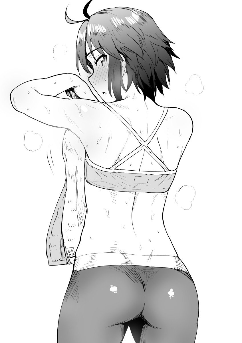 1girl ahoge arm_up ass back bike_shorts blush cowboy_shot highres hot idolmaster kikuchi_makoto looking_back monochrome open_mouth short_hair solo sports_bra sportswear sweat sweating sweating_profusely tsurui wet white_background