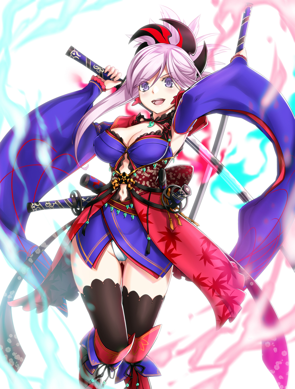 &gt;:d 1girl :d armpits arms_up belt black_legwear boots breasts cleavage detached_sleeves dual_wielding erect_nipples eyebrows_visible_through_hair fate/grand_order fate_(series) floral_print gluteal_fold hair_ornament hat high_heels highres holding holding_sword holding_weapon japanese_clothes katana kimono knee_up kurobuchi_numama large_breasts lavender_hair leaf_print long_hair looking_at_viewer miyamoto_musashi_(fate/grand_order) navel open_mouth ponytail purple_hair sheath sheathed simple_background smile solo sword teeth thigh-highs unsheathed violet_eyes weapon white_background white_leotard wide_sleeves