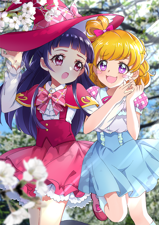2girls :d asahina_mirai blonde_hair blue_skirt blush_stickers flower hand_holding hat hoshi_(xingspresent) izayoi_liko long_hair looking_at_another mahou_girls_precure! multiple_girls open_mouth pink_eyes pink_skirt precure purple_hair short_hair skirt smile sparkling_eyes violet_eyes witch_hat