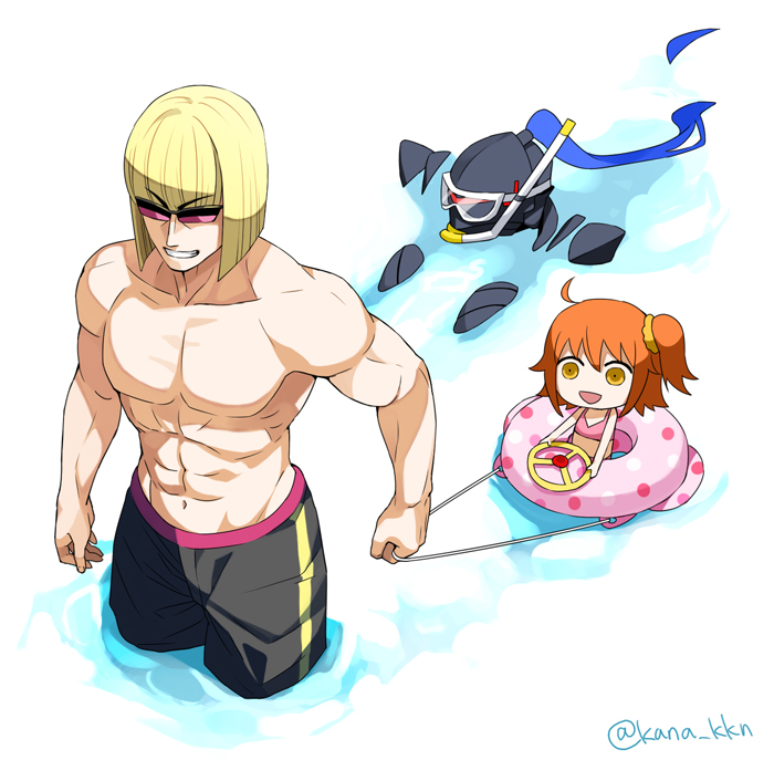 1girl 2boys abs ahoge armor berserker_(fate/zero) blonde_hair chibi fate/grand_order fate_(series) fujimaru_ritsuka_(female) innertube kana multiple_boys open_mouth orange_eyes orange_hair partially_submerged riyo_(lyomsnpmp)_(style) sakata_kintoki_(fate/grand_order) scrunchie shirtless short_hair side_ponytail sunglasses swimsuit twitter_username