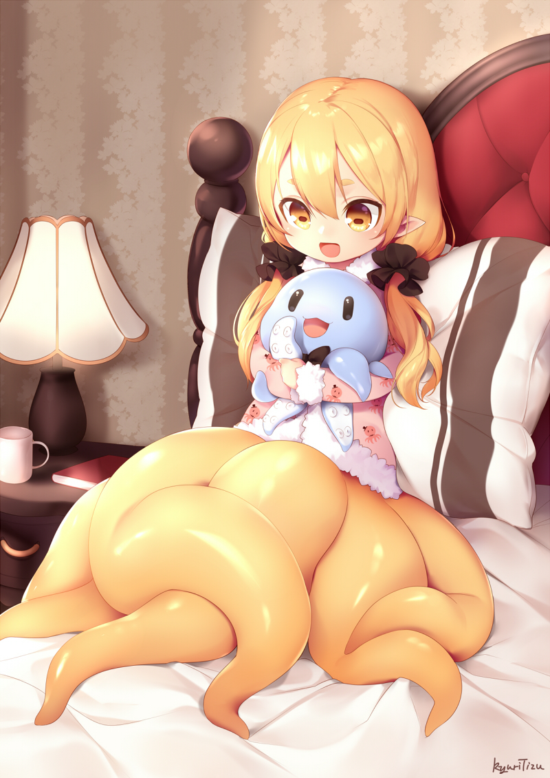 1girl :3 :d artist_name bangs bed_sheet bedroom book cabinet child cup hair_between_eyes hair_ornament hair_scrunchie indoors kyuri_(405966795) lamp long_hair looking_at_another looking_down low_twintails mascot monster_girl mug object_hug octopus on_bed open_mouth original pillow pointy_ears scrunchie scylla signature sitting sleepwear smile solo tentacle thick_eyebrows twintails |_|