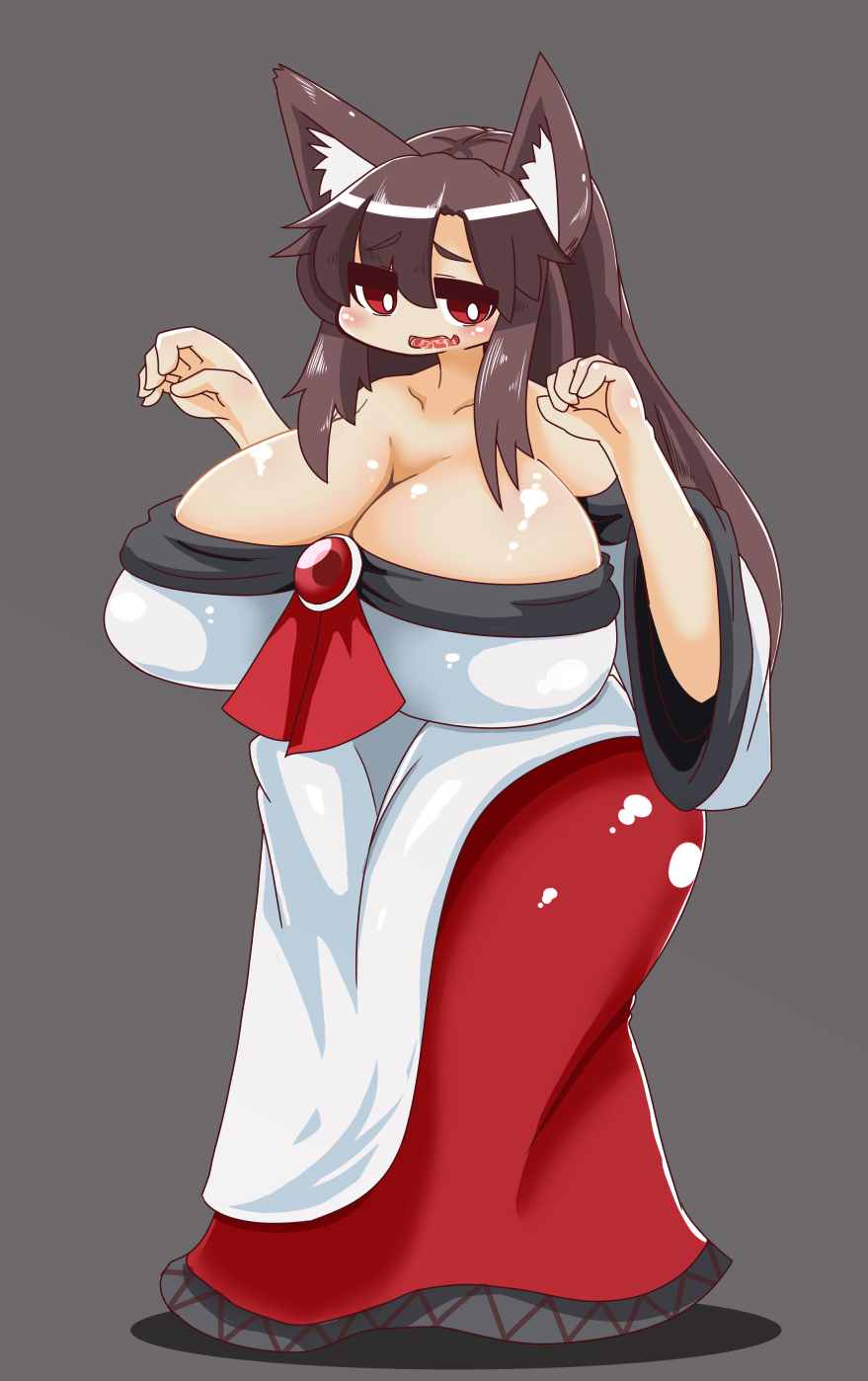 1girl animal_ears bare_shoulders blouse blush breasts brooch brown_hair cleavage collarbone fang highres huge_breasts imaizumi_kagerou jewelry long_hair looking_at_viewer muuei off_shoulder open_mouth paw_pose plump red_eyes red_skirt saliva sidelocks skirt solo touhou white_blouse wide_hips wolf_ears