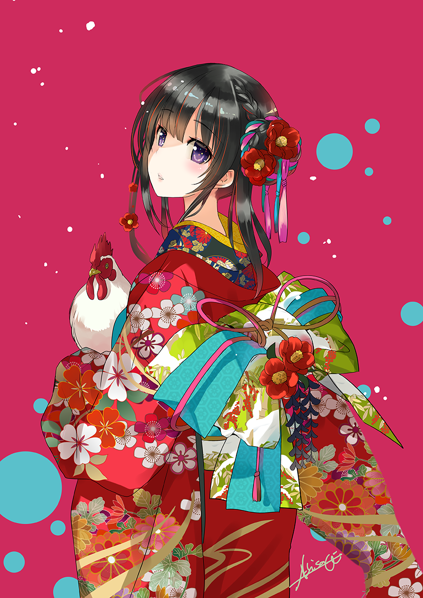 1girl animal artist_name bangs bird black_hair blush braid chicken circle commentary_request eyebrows_visible_through_hair floral_print from_side furisode hair_ornament happy_new_year highres holding_animal japanese_clothes kimono looking_at_viewer looking_back nape naruse_chisato new_year obi original parted_lips pink_background red_kimono sash signature solo violet_eyes