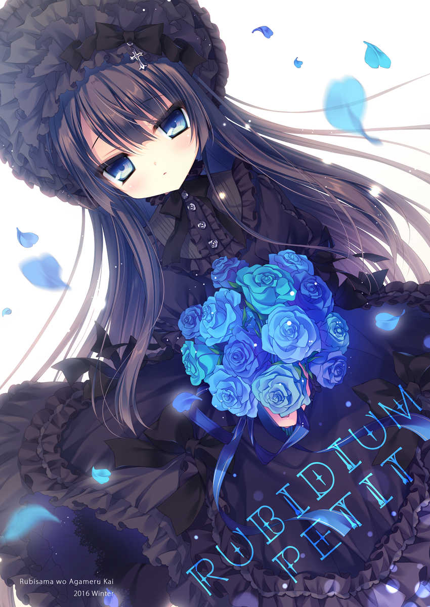 1girl bangs black_bow black_bowtie black_dress black_hair blue_eyes blue_flower blue_ribbon bonnet bouquet bow bowtie center_frills commentary_request cover cover_page cross doujin_cover dress dutch_angle expressionless flower flower_button frilled_dress frilled_shirt_collar frills gothic_lolita highres holding_bouquet lolita_fashion long_hair looking_at_viewer original petals ribbon rubi-sama solo tsurime