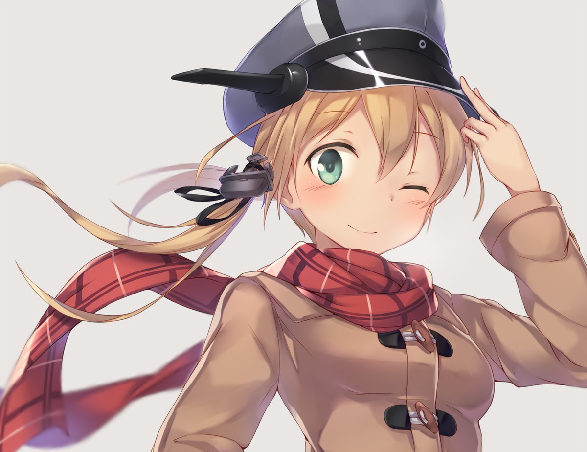 1girl anchor_hair_ornament bangs black_ribbon blonde_hair blurry blush brown_coat coat depth_of_field duffel_coat green_eyes grey_background hair_between_eyes hair_ornament hair_ribbon hand_on_headwear hat kantai_collection long_hair looking_at_viewer metindone military_hat one_eye_closed prinz_eugen_(kantai_collection) red_scarf ribbon scarf smile solo twintails