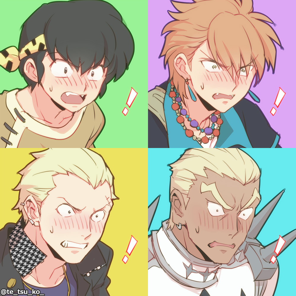 ! 4boys black_hair blonde_hair blush constricted_pupils crossover dark_skin dark_skinned_male earrings fangs fushigi_yuugi gakuran gamagoori_ira green_eyes headband hibiki_ryouga jewelry kill_la_kill male_focus multiple_boys necklace open_mouth orange_hair persona persona_4 piercing ranma_1/2 scar school_uniform short_hair surprised tasuki_(fushigi_yuugi) tatsumi_kanji tetsukuzu_tetsuko twitter_username