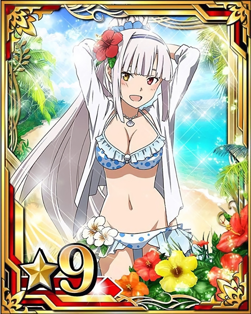 1girl arms_behind_head beach bikini breasts card_(medium) cleavage flower groin hair_flower hair_ornament hairband heterochromia hibiscus high_ponytail jacket jewelry large_breasts long_hair looking_at_viewer navel necklace number ocean open_clothes open_jacket open_mouth orange_flower red_eyes red_flower seven_(sao) silver_hair solo star swimsuit sword_art_online white_bikini white_flower white_jacket yellow_eyes yellow_flower