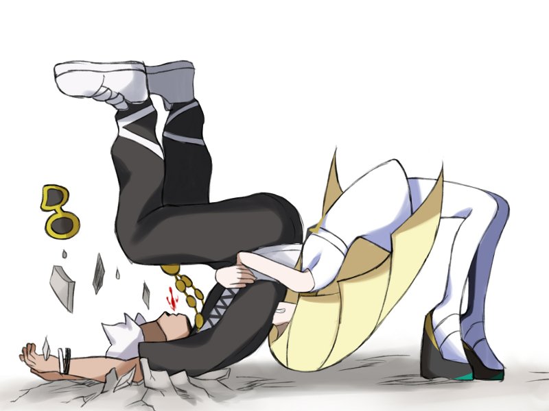 1boy 1girl angry asatsuki_(fgfff) black_jacket black_pants blood bracelet clenched_teeth coughing coughing_blood dress flat_chest gem german_suplex guzma_(pokemon) jacket jewelry long_hair lusamine_(pokemon) necklace pants pantyhose pokemon pokemon_(game) pokemon_sm shaded_face shadow shatter shoes short_dress short_sleeves simple_background sneakers sunglasses suplex team_skull teeth very_long_hair white_background white_dress white_hair white_legwear white_shoes