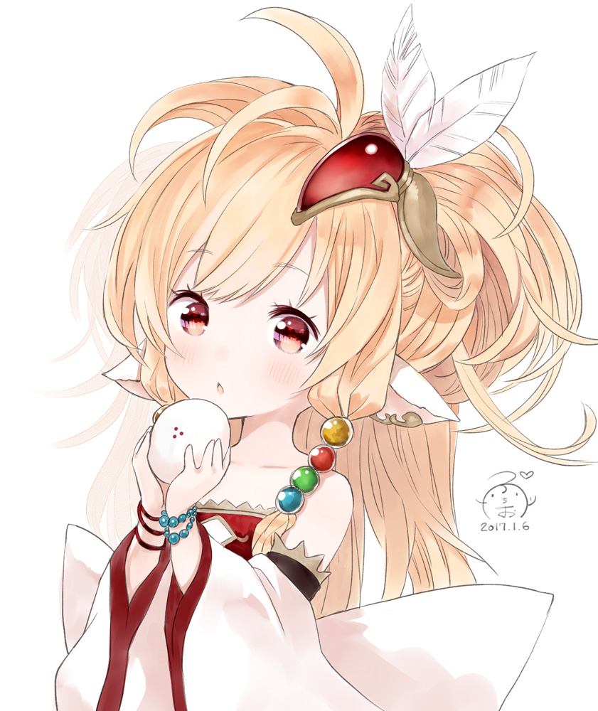 1girl animal_ears artist_name bandeau bangs bare_shoulders bead_bracelet beads blonde_hair blush bracelet dated detached_sleeves eyebrows_visible_through_hair feathers food granblue_fantasy hair_beads hair_feathers hair_ornament heart hibanar holding holding_food jewelry long_hair looking_at_viewer makira_(granblue_fantasy) parted_lips petite red_eyes signature simple_background solo white_background wide_sleeves