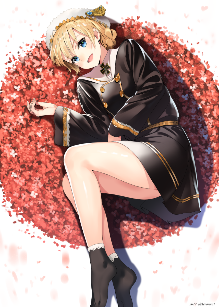 1girl 2017 :d arm_across_waist bare_legs beret black_dress blonde_hair blue_eyes braid cross darjeeling dress eyebrows_visible_through_hair flower_bed girls_und_panzer gold_trim hat highres kerorira lace_trim long_sleeves lying no_shoes on_side open_mouth silk smile solo twitter_username wide_sleeves winged_hat