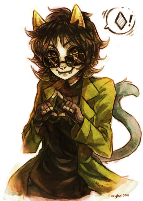 ! 1girl artist_name black_hair black_shirt broken cat_tail closed_mouth coat crack english fangs fingerless_gloves glasses gloves green_coat homestuck horns lazylaz light_background long_sleeves looking_at_viewer nepeta_leijon open_clothes open_coat shirt short_hair simple_background smile solo speech_bubble sunglasses tail text white_background
