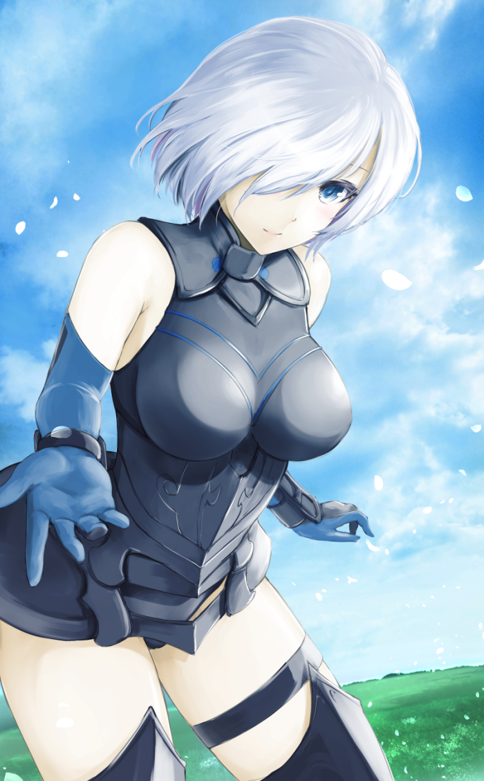 1girl armor armored_boots armored_dress bangs blue_gloves blue_sky blush boots breasts clouds colored_eyelashes cowboy_shot day dress dutch_angle elbow_gloves fate/grand_order fate_(series) field gauntlets gloves grass hair_over_one_eye horizon kz_nagomiya leaning_forward looking_at_viewer medium_breasts open_hand petals pov shielder_(fate/grand_order) shiny shiny_hair short_dress short_hair silver_hair sky sleeveless smile solo sunlight thigh-highs thigh_boots thigh_strap thighs wind