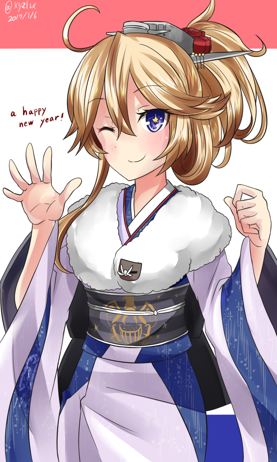1girl blonde_hair blue_eyes dated facing_viewer flag_print folded_ponytail fur_trim happy_new_year hebitsukai-san highres iowa_(kantai_collection) japanese_clothes kantai_collection kimono looking_at_viewer new_year obi one_eye_closed sash solo star star-shaped_pupils striped striped_kimono symbol-shaped_pupils twitter_username waving