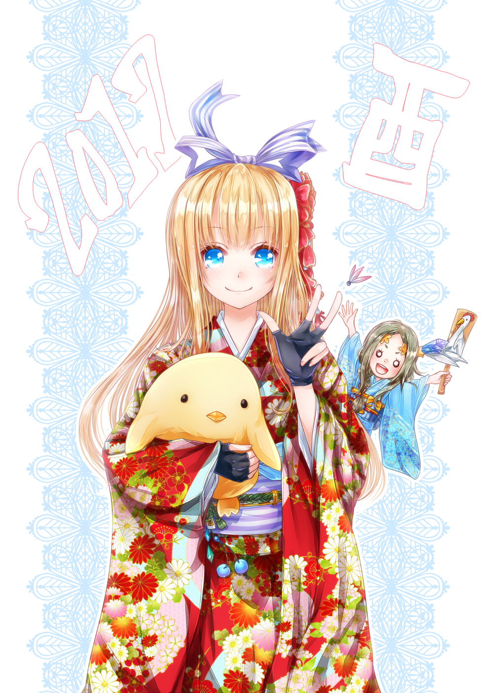 &gt;:d 2017 2girls :d atelier_(series) atelier_firis bangs black_gloves blonde_hair blue_eyes blush bow brown_hair chibi_inset closed_mouth female fingerless_gloves firis_mistlud floral_print furisode gloves hagoita hair_bow hair_ornament hanetsuki highres holding ilmeria_von_leinweber japanese_clothes kanzashi kimono long_sleeves looking_at_viewer multiple_girls number o_o obi open_mouth outstretched_arms paddle parted_bangs sash shuttlecock siyusiyu13 smile striped striped_bow stuffed_animal stuffed_bird stuffed_toy thick_eyebrows w