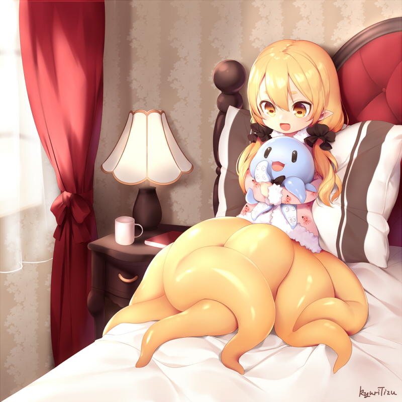 1girl :3 :d artist_name bangs bed_sheet bedroom book cabinet child cup curtains hair_between_eyes hair_ornament hair_scrunchie indoors kyuri_(405966795) lamp long_hair looking_at_another looking_down low_twintails mascot monster_girl mug object_hug octopus on_bed open_mouth original pillow pointy_ears scrunchie scylla signature sitting sleepwear smile solo tentacle thick_eyebrows twintails window |_|