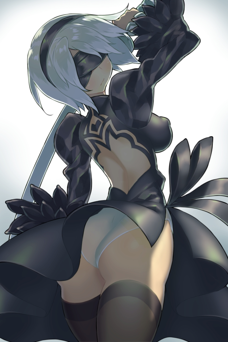 1girl android arm_up ass back_opening black_dress black_hairband black_ribbon blindfold breasts brown_legwear closed_mouth covered_eyes cowboy_shot dress erect_nipples from_behind hairband highleg highleg_leotard highres holding holding_sword holding_weapon itsumo_nokoru juliet_sleeves katana legs_together leotard long_sleeves looking_at_viewer looking_back medium_breasts nier_(series) nier_automata open-back_dress puffy_sleeves ribbon see-through short_hair side_slit silver_hair simple_background solo standing sword thigh-highs turtleneck underwear unsheathed vambraces weapon white_background white_leotard yorha_unit_no._2_type_b