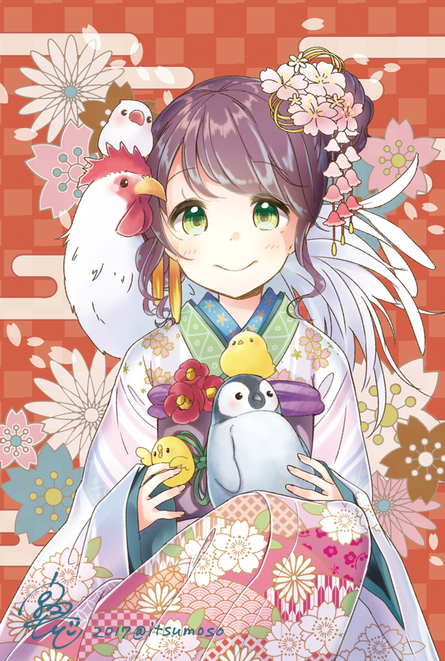 1girl artist_name bangs bird brown_hair checkered checkered_background chick chicken dated error flower furisode green_eyes hair_bun hair_flower hair_ornament happy_new_year japanese_clothes java_sparrow kimono knees_up looking_at_viewer new_year original penguin pink_flower rougetsu signature smile solo squatting swept_bangs upper_body year_of_the_rooster