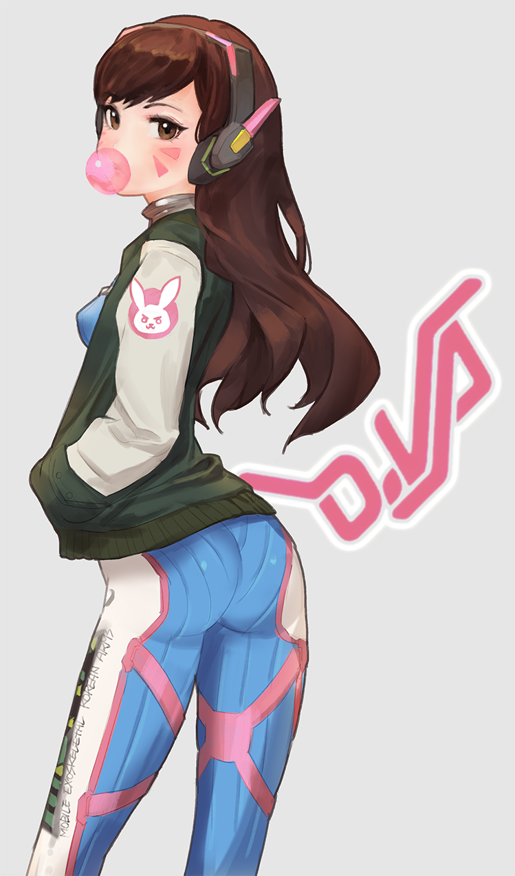 1girl ass bodysuit brown_eyes brown_hair bubblegum clothes_writing d.va_(overwatch) english facial_mark from_behind hands_in_pockets headphones highres jacket letterman_jacket long_hair looking_at_viewer looking_back natsuhara overwatch simple_background solo sweater_vest whisker_markings
